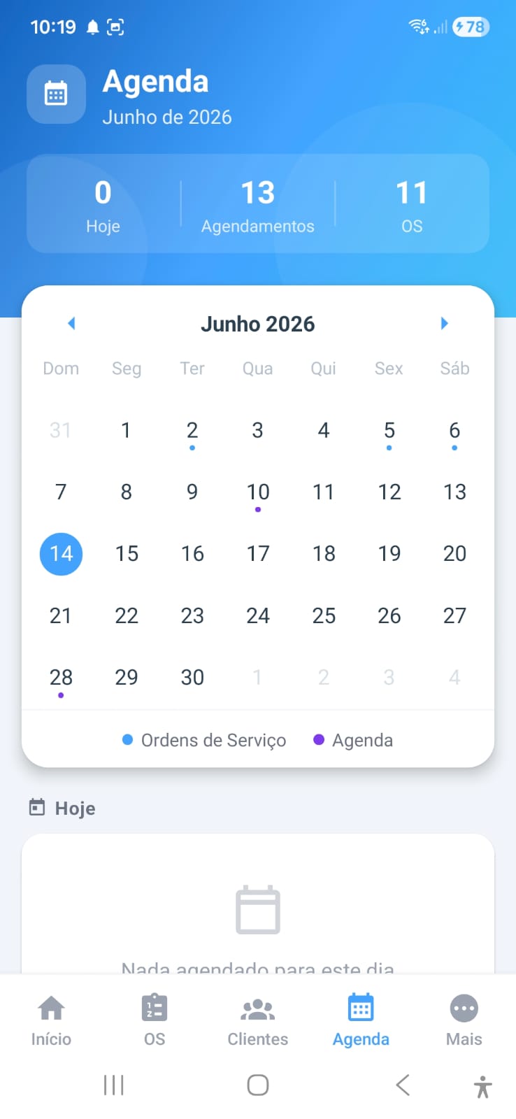 Agenda mensal com ordens de serviço e compromissos