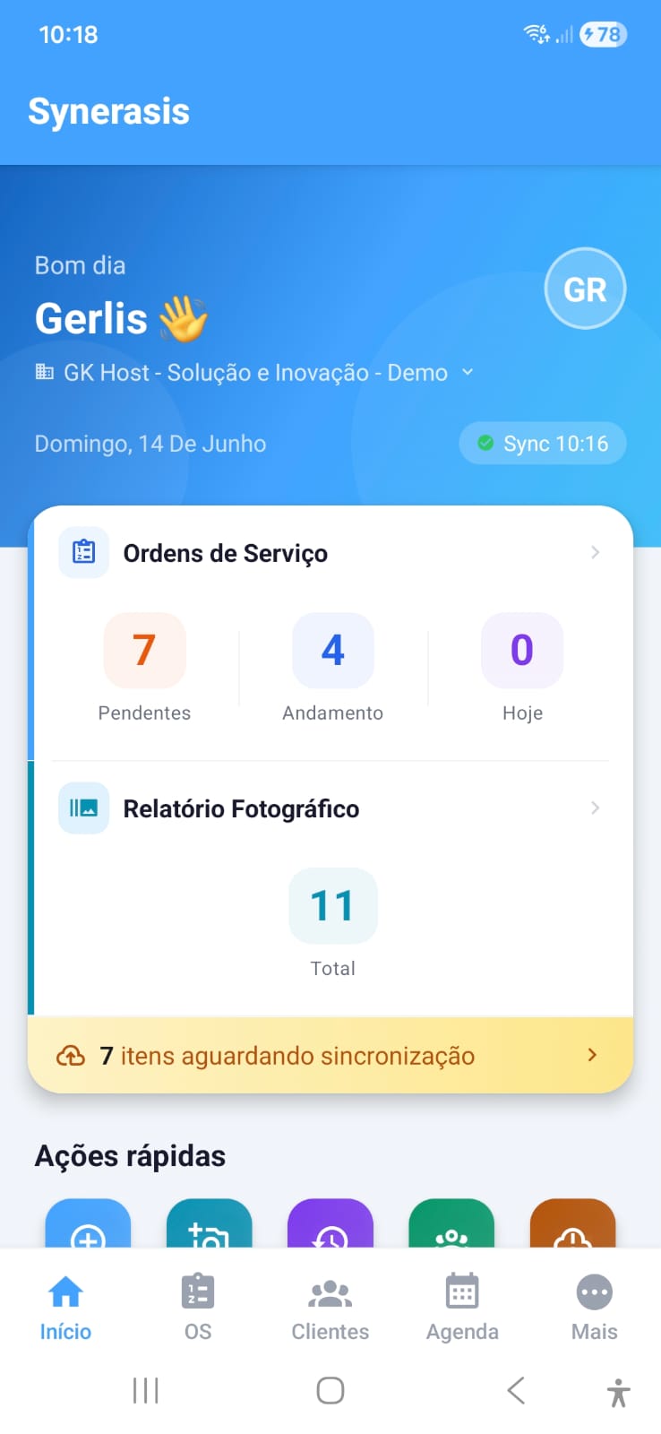 Painel inicial do aplicativo Synerasis com ordens de serviço, agenda e status de sincronização