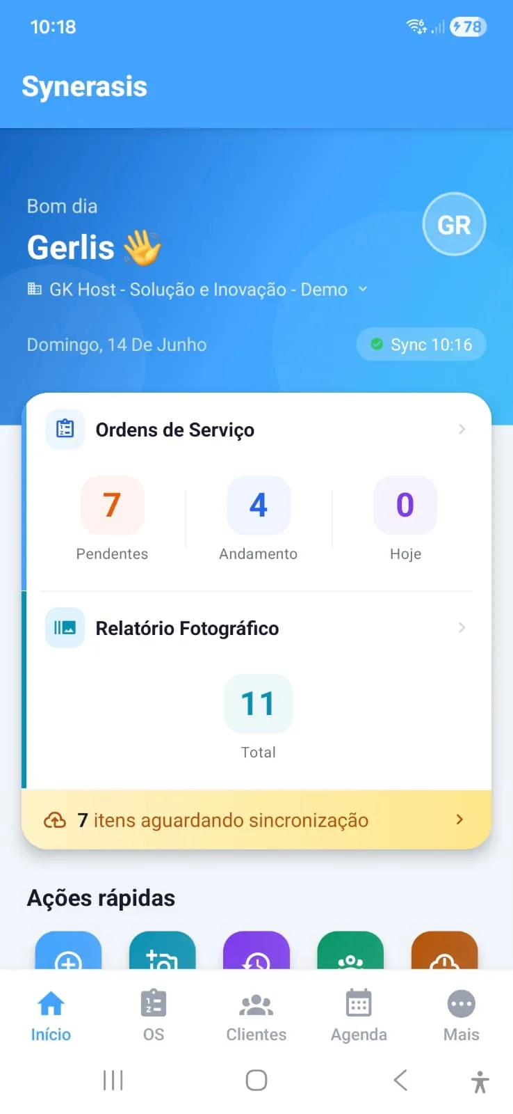 Tela do aplicativo Synerasis com ordens de serviço