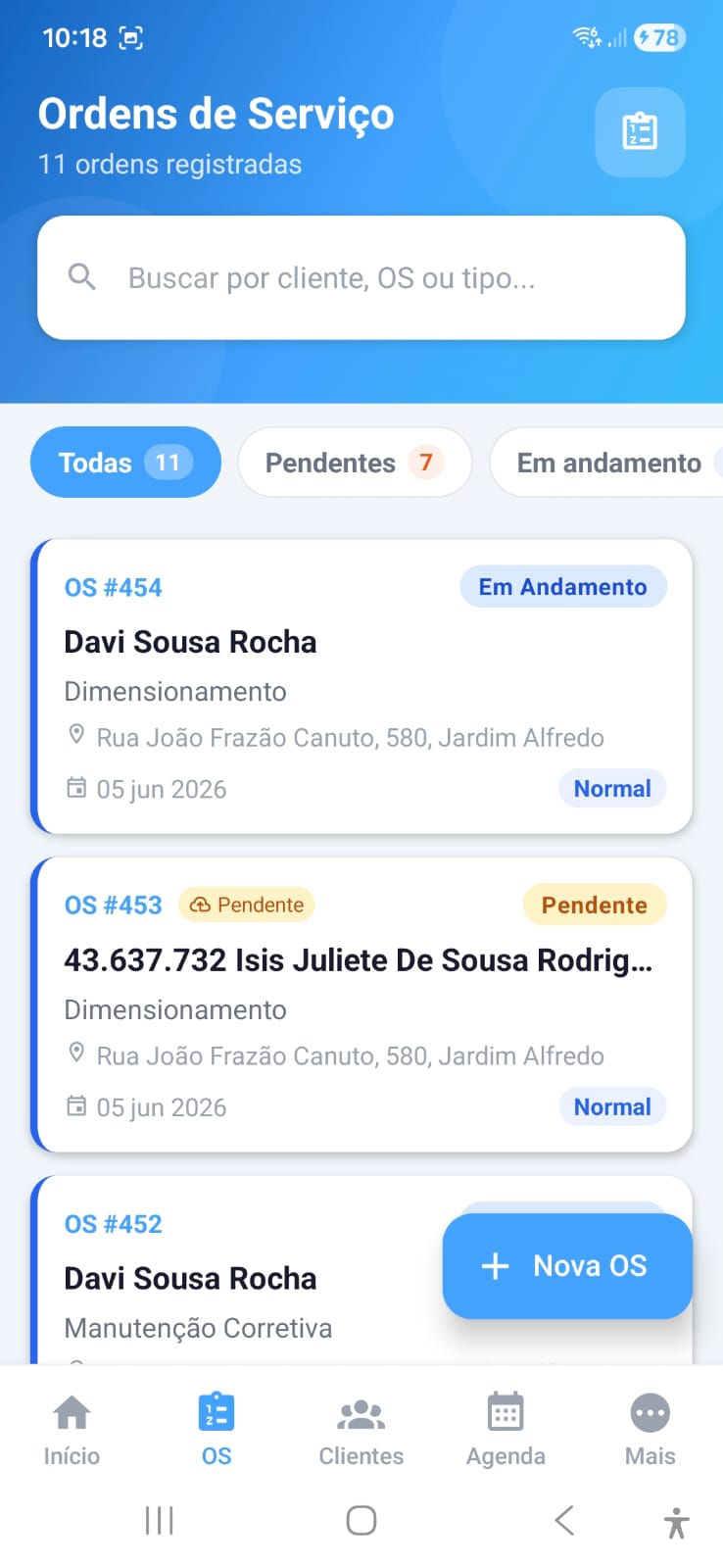 Lista de ordens de serviço com busca e filtros por status