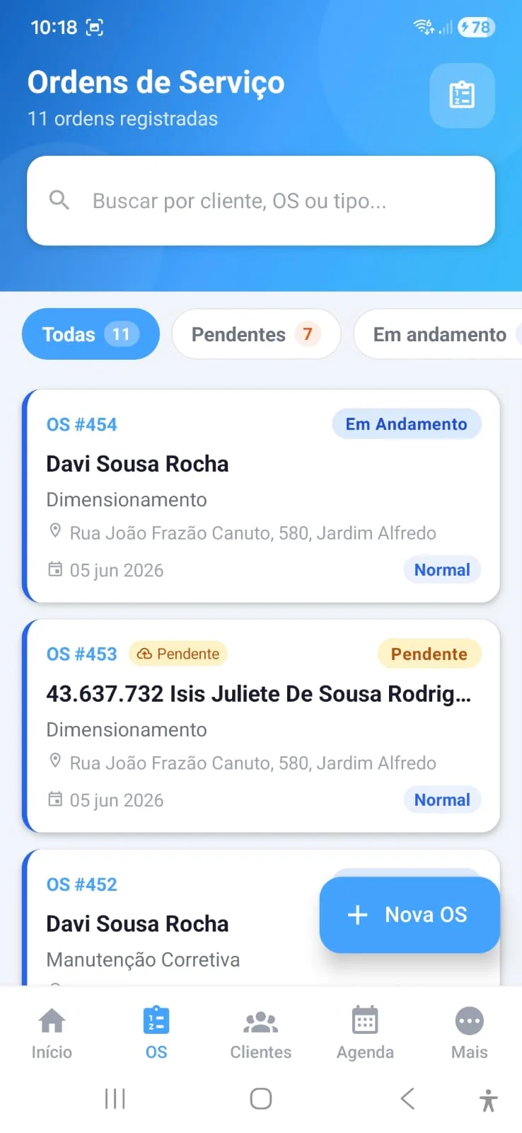 Lista de ordens de serviço no aplicativo