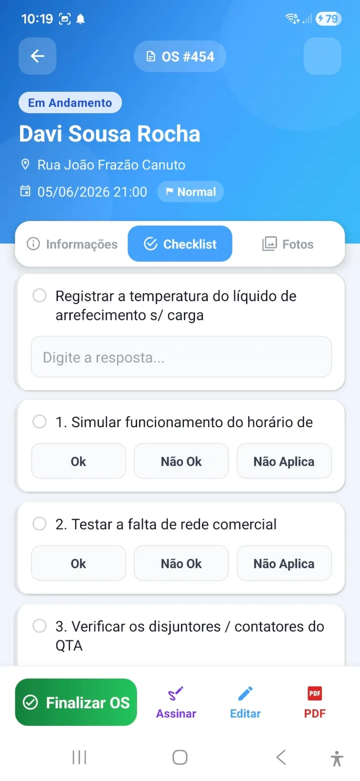Checklist configurável da ordem de serviço