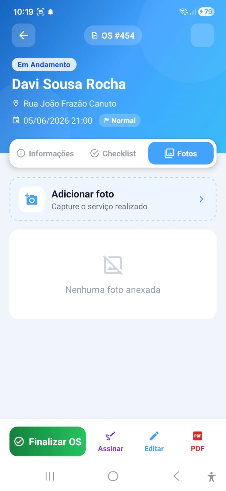 Aba de fotos da OS para anexar registros do serviço