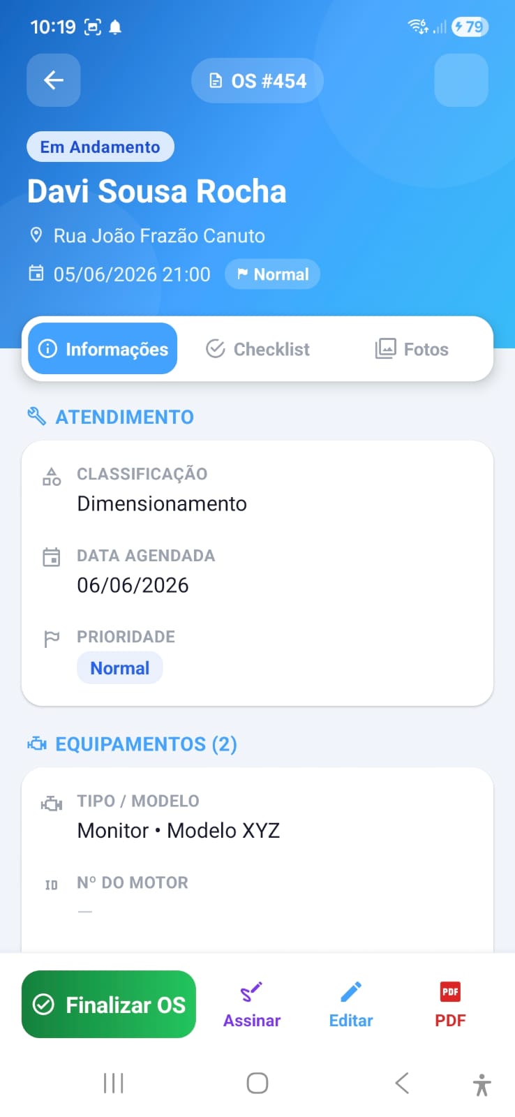 Detalhe da OS mostrando classificação e equipamentos vinculados