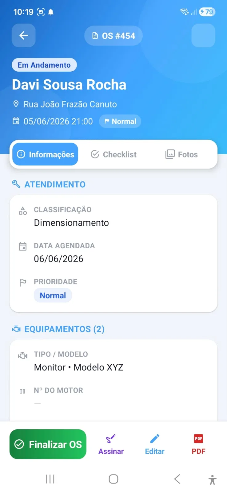 Informações da ordem de serviço e equipamento