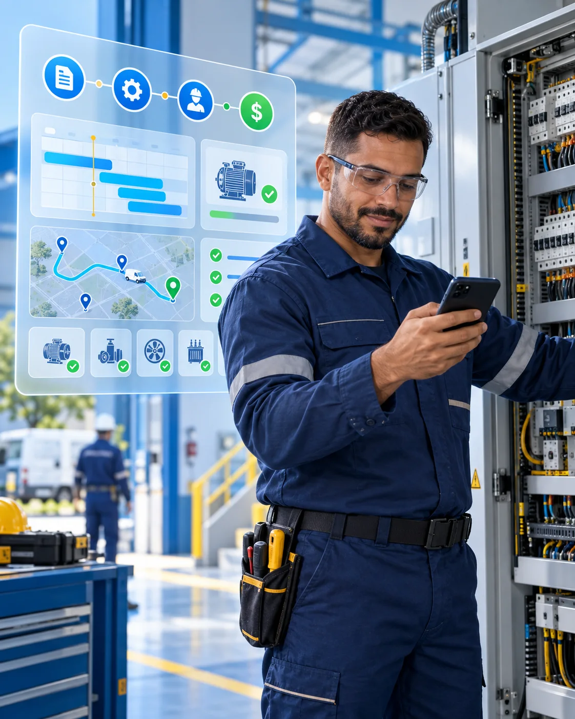 Técnico de manutenção acompanhando uma ordem de serviço pelo celular