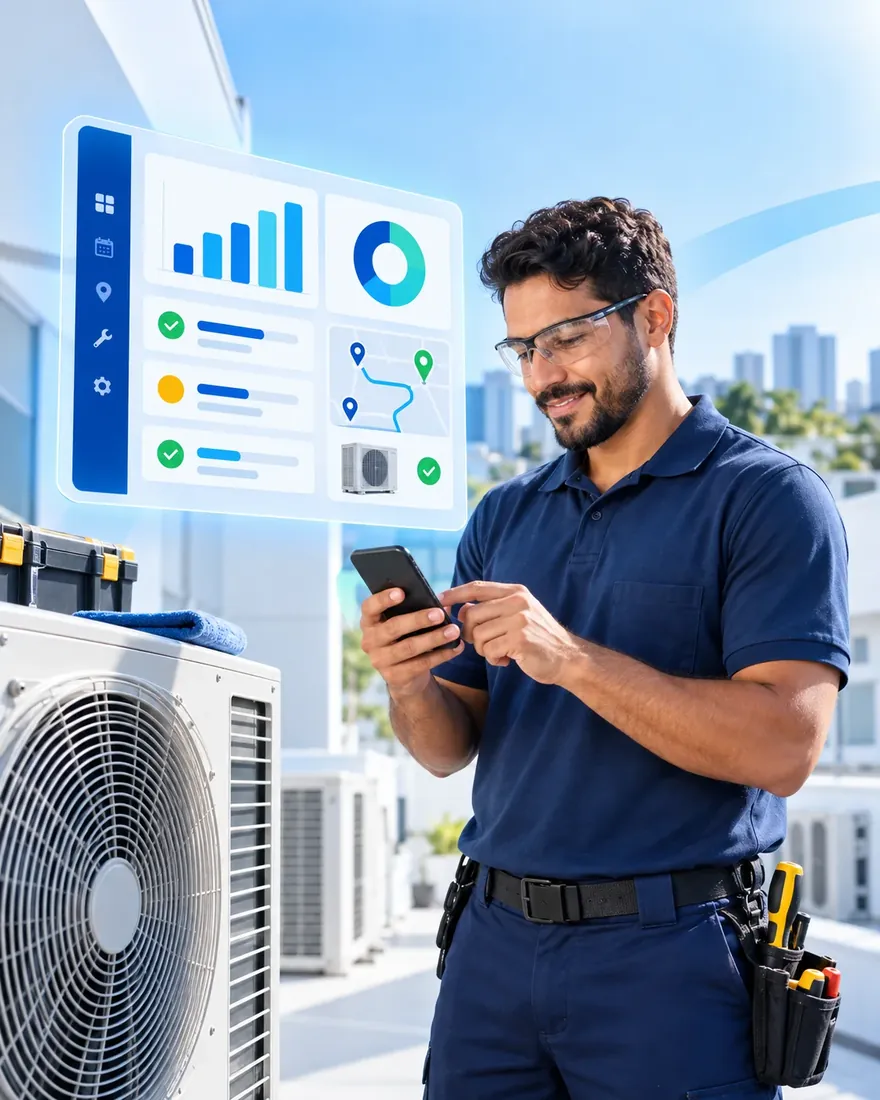 Técnico de manutenção usando o aplicativo para acompanhar ordens de serviço